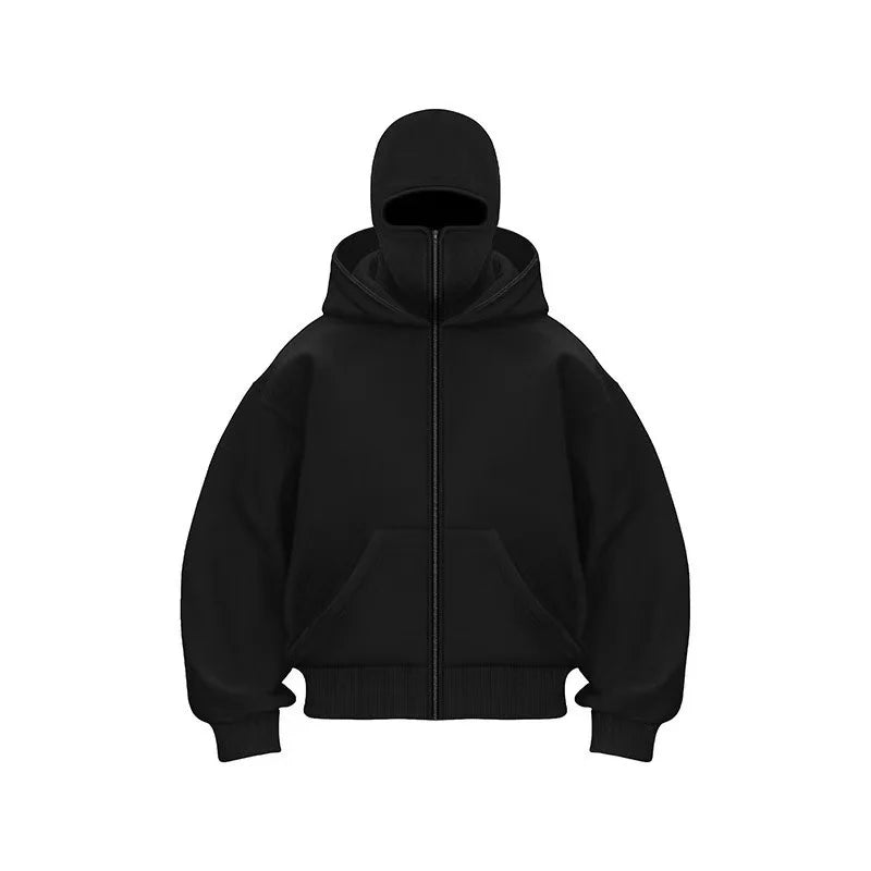 Unisex Autumn Winter Fleece Hoodie with Mask Design, Casual Sportswear Plus Size