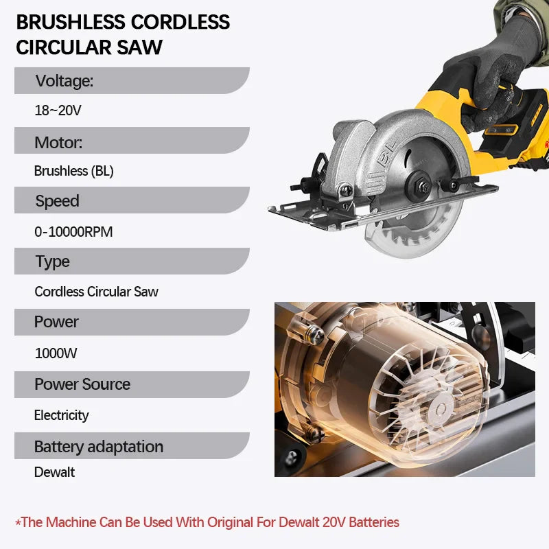 Powerful 5-inch Brushless Cordless Circular Saw for Dewalt 20V